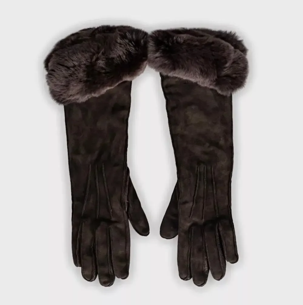 Loro Piana Brown Leather Suede Chinchilla Fur Gloves Sz.S